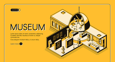 Historical, art or science museum cross section isometric vector web banner. Classic architecture building with domed roof yellow, black line art illustration. Public exhibition landing page template