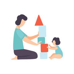 Father Playing Toy Cubes with His Toddler Baby, Dad and His Kid Having Good Time Together Vector Illustration