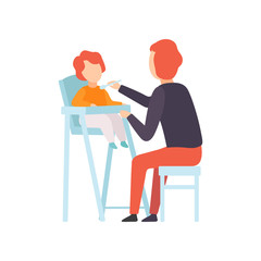 Fototapeta premium Father Feeding Baby Who is Sitting in Highchair, Parent Taking Care of His Child Vector Illustration
