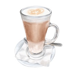 Hand drawn coffee glass on watercolor paper isolated on white background. Delicious food illustration.