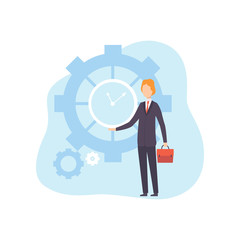 Fototapeta na wymiar Businessman with Clock, Office Manager Planning, Organizing, Controlling Working Time, Business Concept of Time Management Vector Illustration