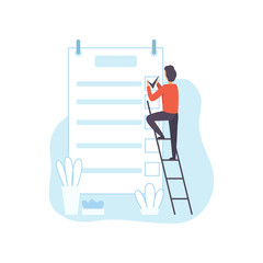 Man Climbing Ladder Filling To Do List Planner, Businessman Planning, Organizing, Controlling Working Time, Business Concept of Time Management Vector Illustration