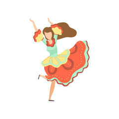 Happy Girl in Bright Dress Dancing at Folklore Party, Festa Junina Brazil June Festival Vector Illustration