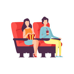Couple Sitting in Cinema Theatre and Watching Movie, Young Man and Woman Eating Popcorn and Drinking Soda Drink in Cinema Hall Vector Illustration