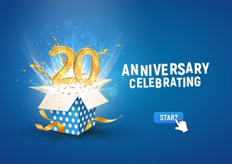 20 th years anniversary banner with open burst gift box. Template twentieth birthday celebration and abstract text on blue background vector illustration