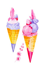 Set of different ice cream cones and twigs with pink flowers. Watercolor illustration isolated on white background