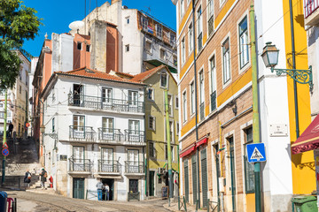 On track of the famous tramline twenty-eight in the Alfama district of Lisbon