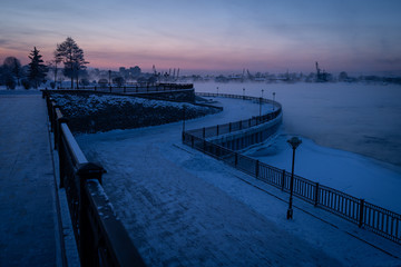 Small park near Angara river in Irkutsk city in winter season at sunset, Siberia, Russia