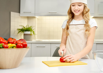 Beautiful little girl cutting tomatoes for healthy salad