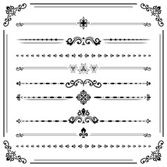 Fototapeta premium Vintage set of decorative elements. Horizontal separators in the frame. Collection of different ornaments. Classic patterns. Set of vintage black patterns