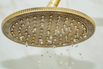 Golden shower head on wall with faience