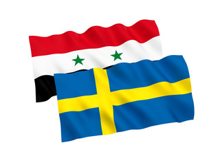 National fabric flags of Sweden and Syria isolated on white background. 3d rendering illustration. 1 to 2 proportion.
