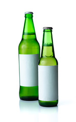 Glass green Beer with blank white label on white background for print design and mock up