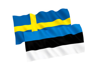 National fabric flags of Estonia and Sweden isolated on white background. 3d rendering illustration. 1 to 2 proportion.