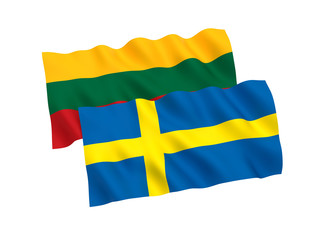 National fabric flags of Sweden and Lithuania isolated on white background. 3d rendering illustration. 1 to 2 proportion.