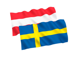 National fabric flags of Austria and Sweden isolated on white background. 3d rendering illustration. 1 to 2 proportion.