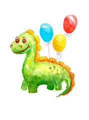 Watercolor green kind cartoon dinosaur with smile congratulates, invites on the white  background of three gel balls isolated for celebration Day of Museum