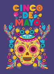 cinco de mayo card with flowers and skull mask