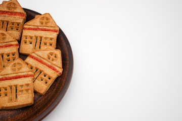 Wonderful And Delicious Cookies With Marmalade In The Form Of A One-Story House. Copy Space.