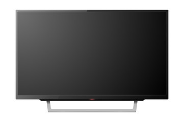 Vector 3d Realistic Black Blank TV Screenon Stand. Modern LCD LED Panel Set Closeup Isolated on White Background. Design Template of Large Computer Monitor Display for Mockup