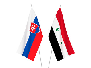 National fabric flags of Slovakia and Syria isolated on white background. 3d rendering illustration.