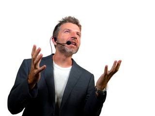 confident successful man with headset speaking at corporate business coaching and training auditorium conference room talking giving motivation training isolated