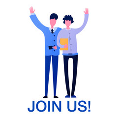 office workers need a new colleague, two men welcome new employee, Vector image, cartoon characters