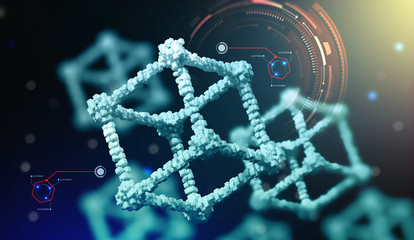 Blockchain technology. Information blocks form a decentralized global database structure. 3D illustration of nanotech cubes in cyberspace