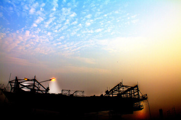  Bridge construction site and evening sky