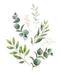Obraz na płótnie Canvas Watercolor vector wreath with green eucalyptus leaves and flowers .
