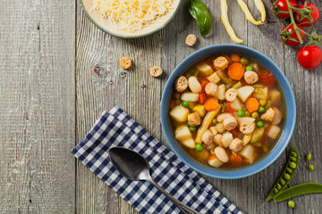 Minestrone soup with crostini.