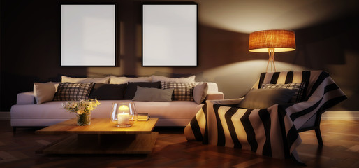 Cute living room interior with mockup frames by evening (panoramic) - 3d illustration