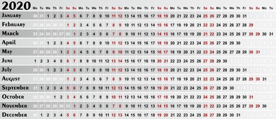 A calendar template for a year 2020.