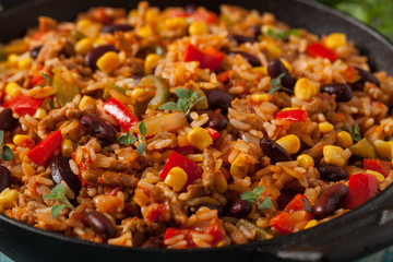 Mexican rice with minced meat and vegetables.