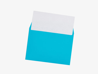 Blue envelope with a white sheet of paper on a white background