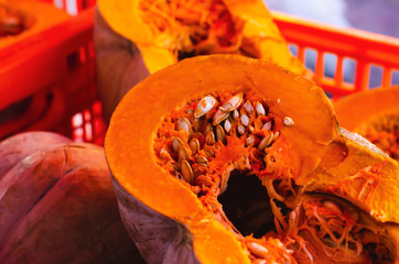 pumpkin or squash pumpkin image in market cut to show the freshness