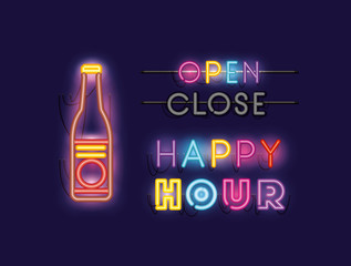 happy hour with beer bottle fonts neon lights