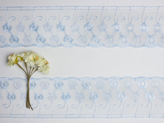 Blue lace on a white background with flowers