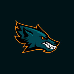 Modern professional logo for sport team. Wolf mascot. Wolves, vector symbol on a dark background.