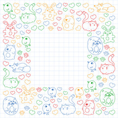 Fototapeta na wymiar Vector set of beautiful round icons in the form of wild animals for children and design, print, cat ,bear, fox, bird ,hare or rabbit. Round animals with caption on white background with cage.