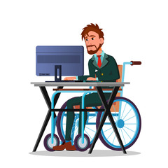 Businessman In A Wheelchair Working Behind A Laptop Vector Flat Cartoon Illustration