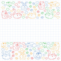 Vector set of beautiful round icons in the form of wild animals for children and design, print, cat ,bear, fox, bird ,hare or rabbit. Round animals with caption on white background with cage.