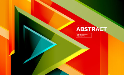 Triangles repetiton geometric abstract background, multicolored glossy triangular shapes, hi-tech poster cover design or web presentation template with copy space