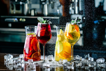 sangria with red and white wine Summer alcohol drink and ingredients.
