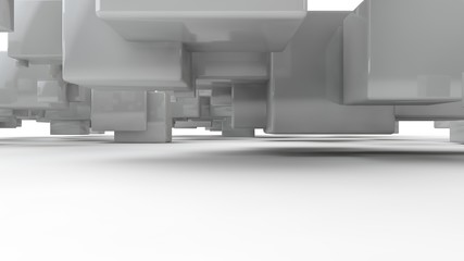 Obraz premium 3D rendering of an array of white cubes, a set of geometric shapes, with smooth faces, straight edges, in space, cast a shadow on a white surface. Illustration isolated on white background.