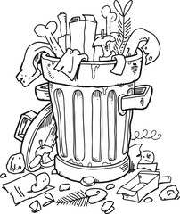 a bunch of garbage lies around the recycle bin