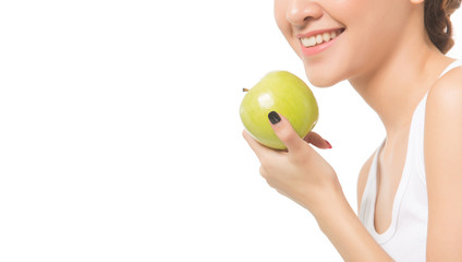 young woman holding green apple isolated over white background