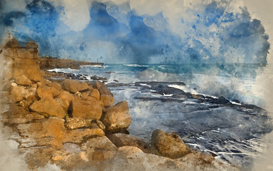 Watercolour painting of Landscape of waves crashing onto rocks during beautiful Winter's day