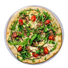 Fresh arugula and tomato pizza isolated white background