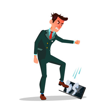 Angry Businessman Treading His Laptop Vector Flat Cartoon Illustration
